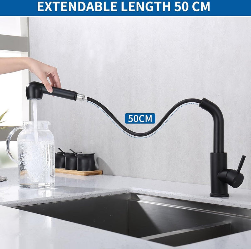 Wastafelarmatuur met uittrekbare sproeier, keukenkraan met 2 straalsoorten, 304 roestvrij staal, hogedruk mengkraan, 360° draaibaar, eengreepsmengkraan, zwart