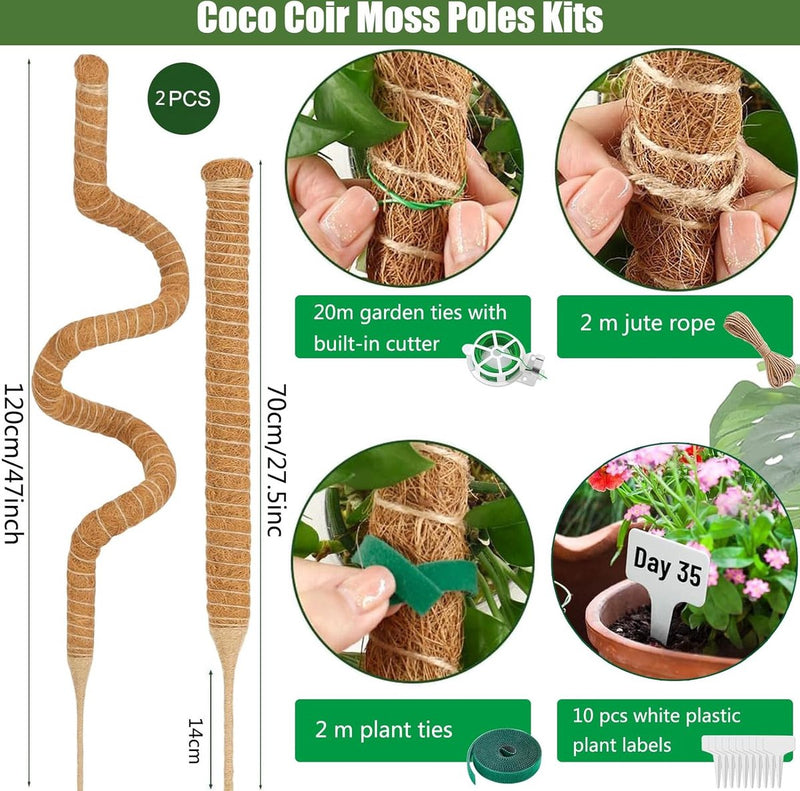 70 cm en 120 cm plantenstok kokos, buigbare kokosvezelmosstok, plantenstok voor klimplanten, natuurlijke plantensteun met accessoires, 2 stuks