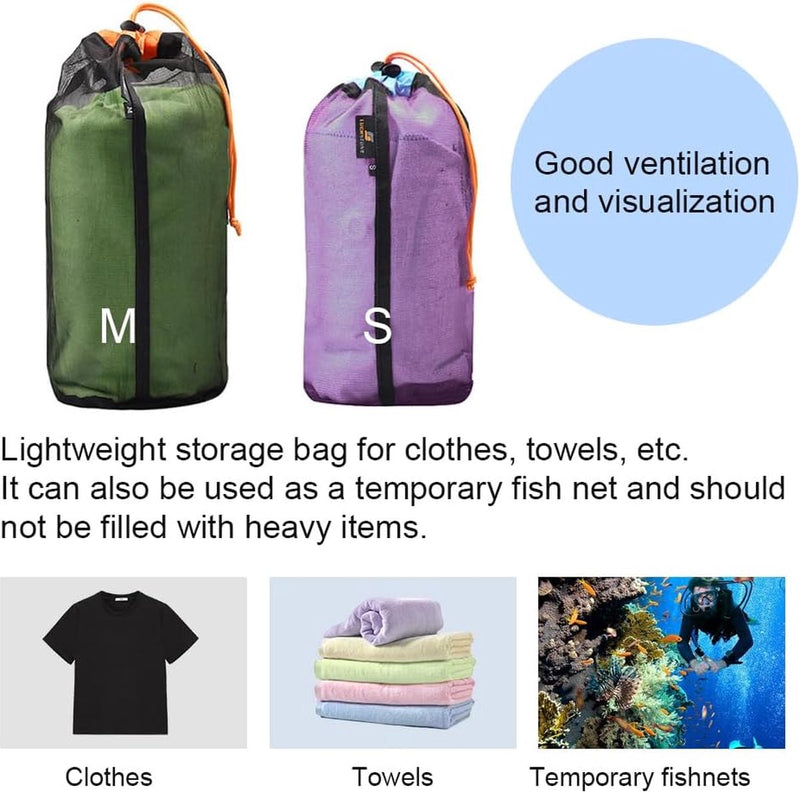 Zwarte nettas, nylonzak, robuuste nettas met trekkoord, draagbare kleine mesh-reistas, voor op reis