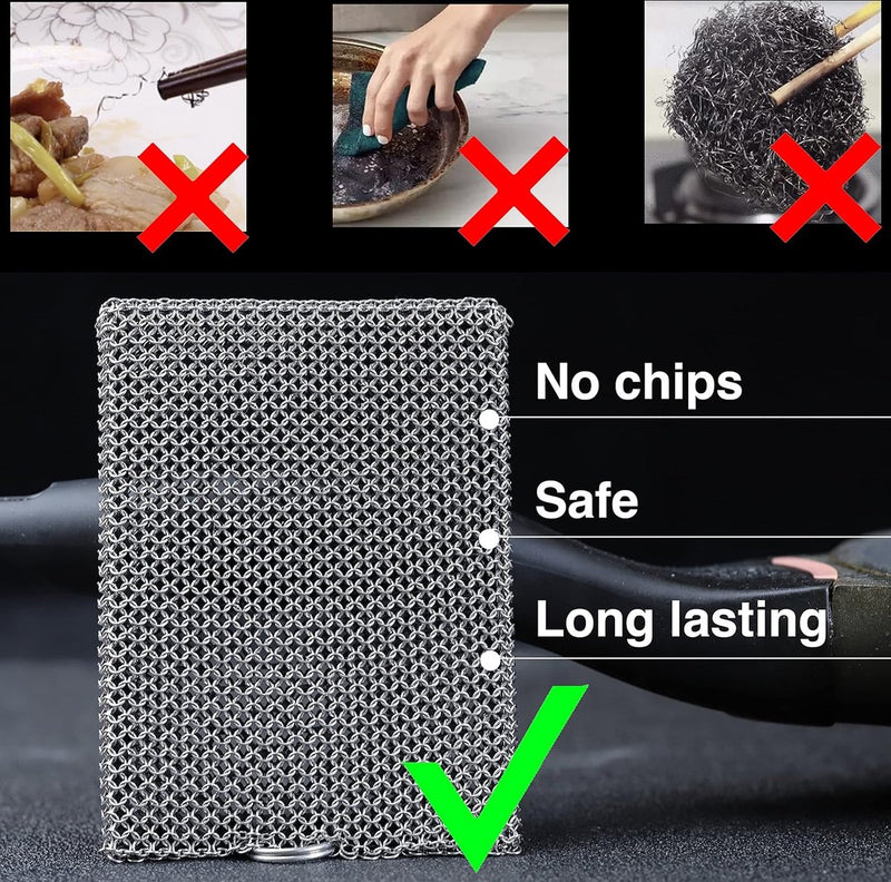 Gietijzeren reinigingsketting fijne ring 316 roestvrij staal schuursponsje - ingebouwde siliconen met gelaste ringen voor gietijzeren pot BBQ-servies