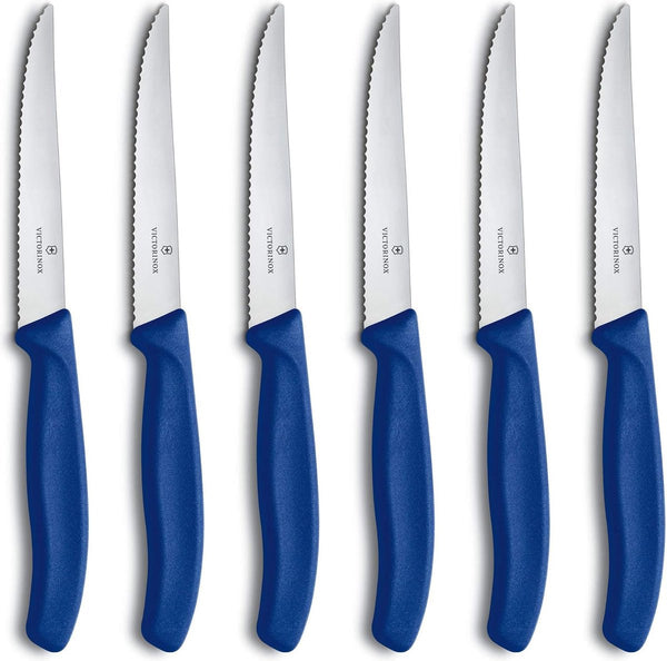 Swiss Classic, professionele steakmessenset, 6-delig, extra scherp lemmet, gekarteld, 11 cm, robuuste kunststof handgreep, roestvrij staal, blauw