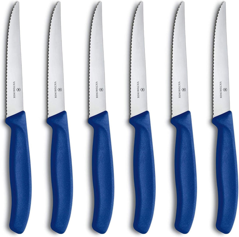 Swiss Classic, professionele steakmessenset, 6-delig, extra scherp lemmet, gekarteld, 11 cm, robuuste kunststof handgreep, roestvrij staal, blauw