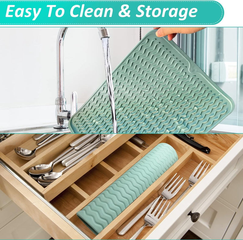 Afdruipmat, afdruipmat, servies, 40 x 30 cm, afdruipmat voor servies, gootsteen, lekbak, droogmat, bestek, hittebestendige antislip vaatmat, groen