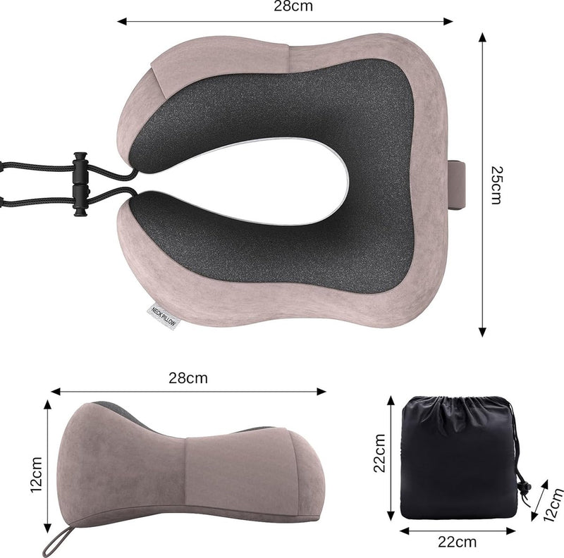Nekkussen in het vliegtuig, reiskussen van traagschuim met fluweelzachte overtrek, voor volwassenen, voor reizen, camping, kantoor en huis (lichtroze)