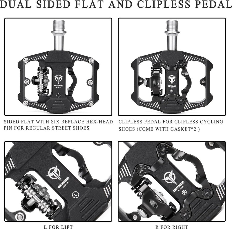 Fietspedalen voor SPD, 3 afgedichte lagers, dubbele functie, plat en klikpedaal, lichte aluminium MTB-pedalen 9/16 inch met noppen voor MTB, racefiets