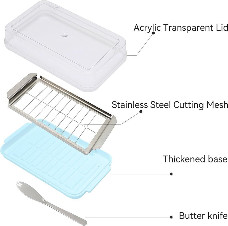 Boterdoos, roestvrijstalen botersnijder snijapparaat, 2 in 1 botersnijcontainer met transparant deksel boterkaasdoos voor het bewaren van kaas voor keukenkoeling (blauw)