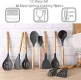 Siliconen keukengereiset, (25-delig) Keukengerei-pannenset, anti-aanbaklaag Hittebestendige siliconen spatelset, keukengerei Stukken veilig met houten handvat (grijs)