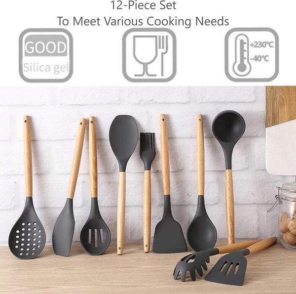 Siliconen keukengereiset, (25-delig) Keukengerei-pannenset, anti-aanbaklaag Hittebestendige siliconen spatelset, keukengerei Stukken veilig met houten handvat (grijs)
