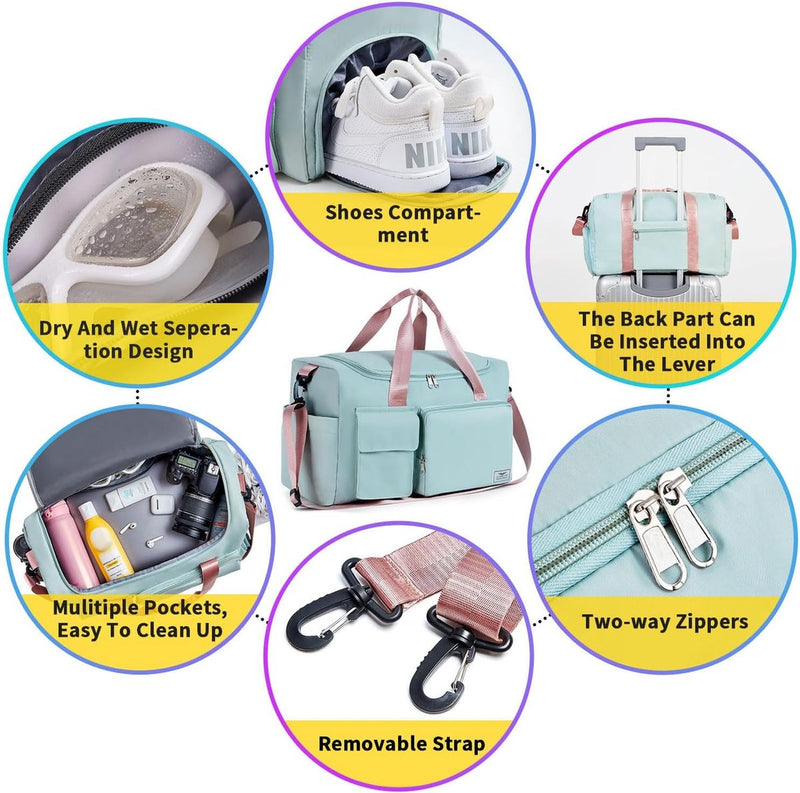 35L sporttas voor dames, opvouwbare reistas met schoenenvak en natvak, waterafstotende weekendtas, gymreistas, handbagage, trainingstas voor dames, heren, groen en roze