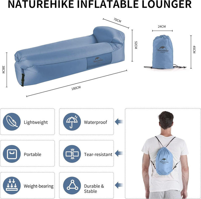 Opblaasbare ligstoel, waterdichte opblaasbare bank met draagbare rugzak, opblaasbed voor reizen, camping, zwembad (blauw)