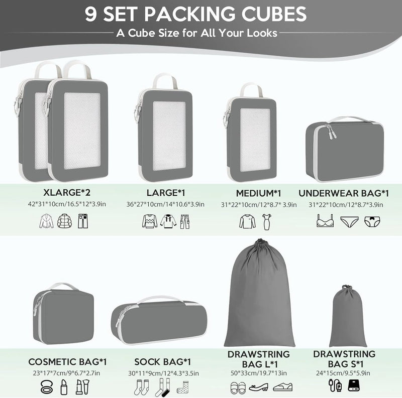 Kofferorganizerset met compressie, 9-delig, packing cubes compressie, reisorganizer voor koffer en rugzak, paktassen voor koffer, kofferorganizer, kledingtassen, verpakkingskubus, grijs