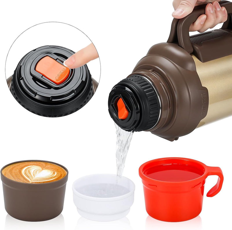 Thermosfles, thermoskan, 4,0 l, roestvrijstalen drinkfles, thermosfles met 3 drinkbekers, dubbelwandige isolatie, camping, waterfles met handvat, 24 uur warm en koud (goud)