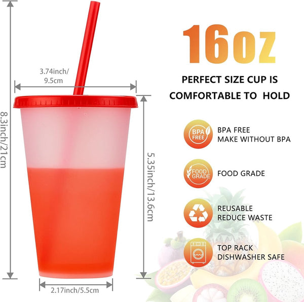 Drinkbekers met rietje en deksel, 9 stuks kleurveranderende bekers, 400 ml, plastic beker, smoothie, koffiebeker, voor onderweg. Reisbeker, beker voor kinderen en volwassenen, herbruikbare kunststof