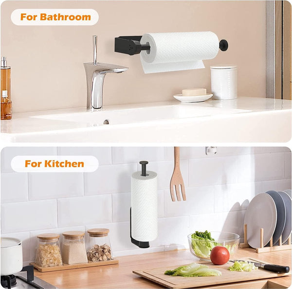 Keukenrolhouder met dempingseffect, keukenrolhouder zonder boren zwart, hangend sterk zelfklevende keukenpapierhouder voor keuken en badkamer, beide verkrijgbaar met lijm en schroeven.