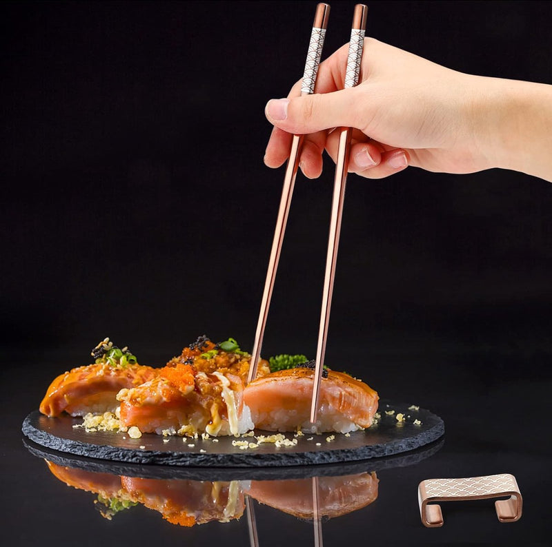 Metalen eetstokjes herbruikbaar 2 paar titanium roestvrijstalen eetstokjes met houder, vaatwasmachinebestendig, lichte eetstokjes in Japanse stijl, cadeauset (roségoud)