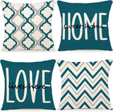 Kussensloop 45 x 45 cm, set van 4 decoratieve kussens, linnen kussenslopen, geometrisch patroon, kussenhoezen voor bank, slaapkamer, bank, outdoor, kussen, 45 x 45 cm, blauwgroen