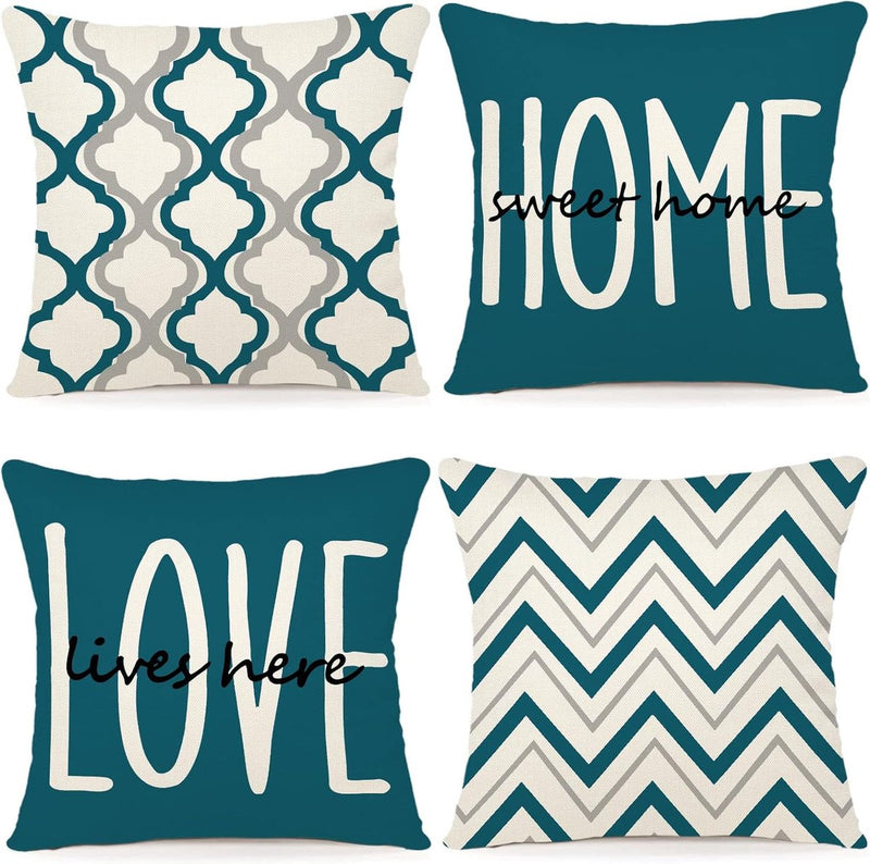 Kussensloop 45 x 45 cm, set van 4 decoratieve kussens, linnen kussenslopen, geometrisch patroon, kussenhoezen voor bank, slaapkamer, bank, outdoor, kussen, 45 x 45 cm, blauwgroen