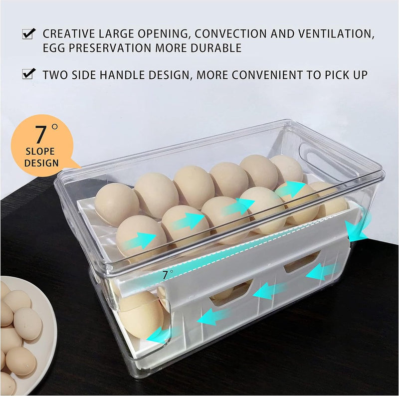 Eiercontainer voor koelkast, dubbelsporige automatische rollende eierhouder voor koelkast, opbergdoos met deksel voor eten, drinken enz. (Parelwit)