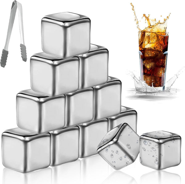 Roestvrij stalen ijsblokjes: 12 stuks whiskystenen ijsblokjes roestvrij staal met clips ijsblokjes herbruikbaar met high cooling-technologie herbruikbare metalen ijsblokjes voor whisky, wodka, wijn