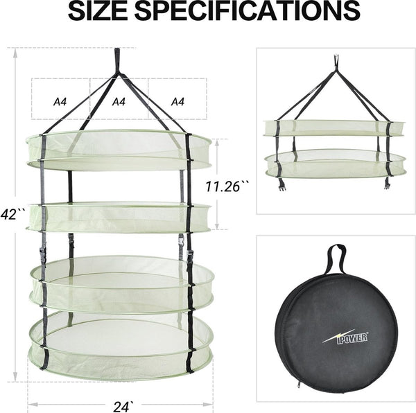 Kruidennet om op te hangen, 4 lagen, groen net, met opvouwbare, zware ringen, inklapbaar, hydrocultuur-plantenknoppen, robuust hangnet