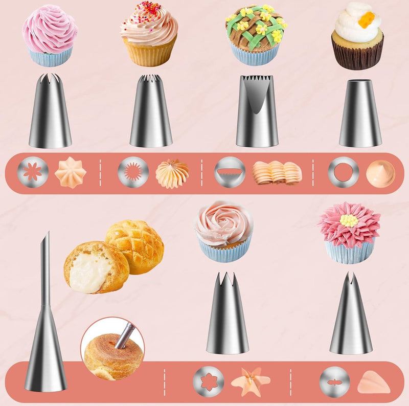 40 cm herbruikbare spuitzak met 7 spuitmonden en een verdikte adapter, 18/8 roestvrij verschillende spuitmonden voor decoraties op taarten, cakes