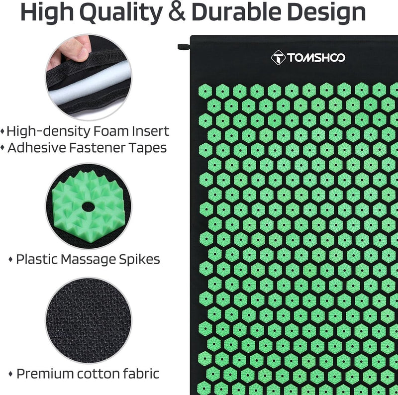 Acupressuurmattenset, Shiatsu-massagemat, acupunctuurmassagemat met hoofdkussen en 2 massageballen, tas, voor verlichting van rugpijn, hoofd-nekpijn, verlichting van spanning