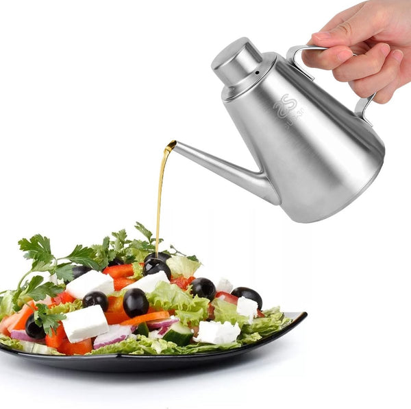 Oliekan 600 ml oliefan roestvrij staal olijfolie oliedispenser, lange opening ingrediëntendispenser oliefles kruidenketel kannetje voor olie, azijn, saus