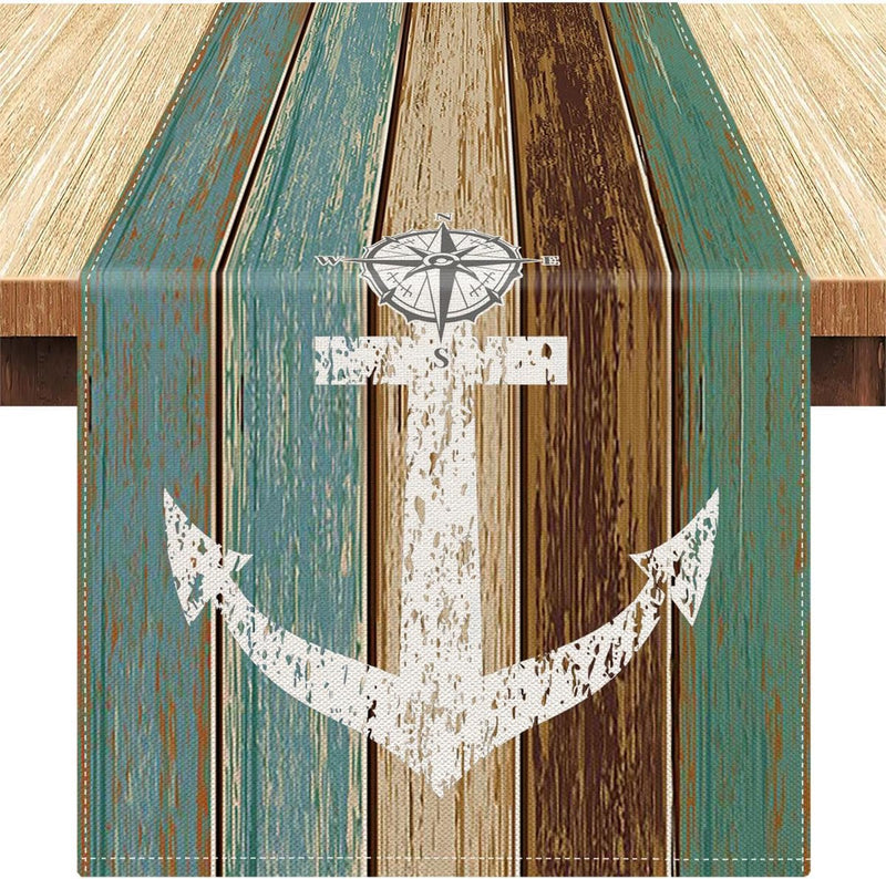 Tafelloper groen tafelloper lente zomer nautisch anker linnen tafelmatten retro rustieke schuur houtstructuur keuken eettafel decoratie tafelloper modern voor feest 40 x 140 cm