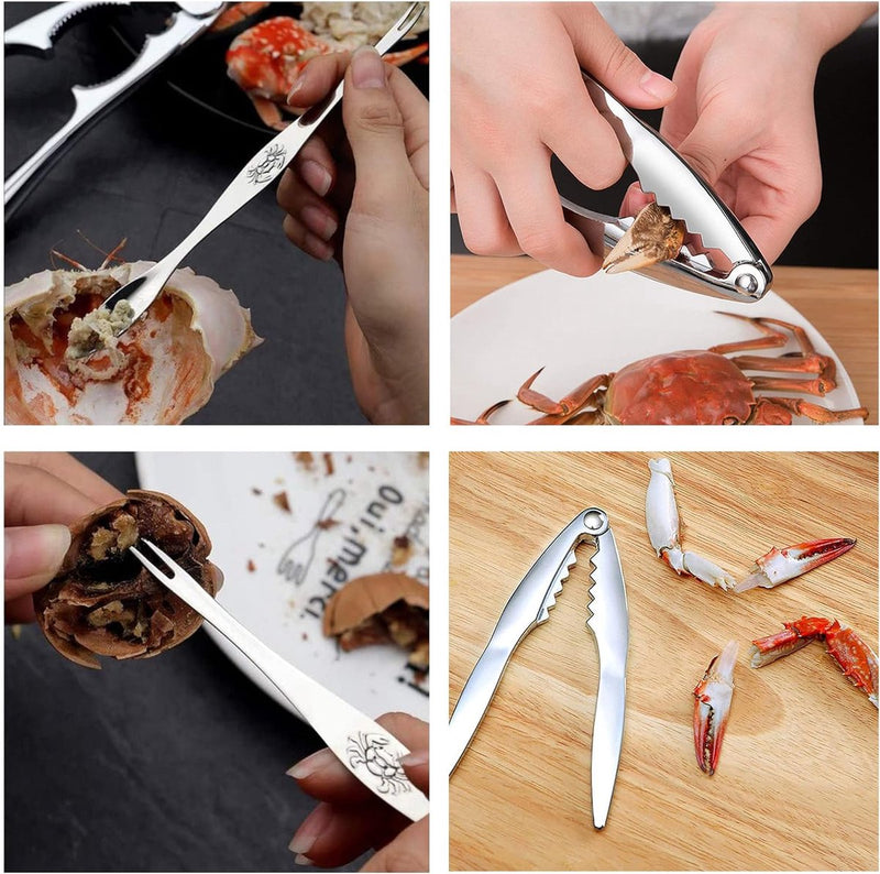 4-delige zeevruchten tool zeevruchten vorken set 1 kreeft krabben crab en 3 roestvrij staal zeevruchten vorken harde schaal schaaldieren alle soorten zeevruchten en noten enz. (zilver)