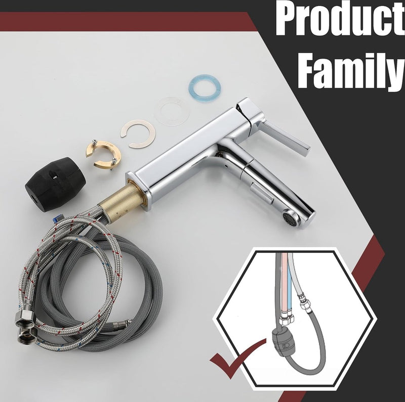 Wastafelkraan met uittrekbare douche, kraan badkamer met 2 waterstraalsoorten, eengreepsmengkraan kraan van verchroomd messing gepolijst voor badkamer wastafel