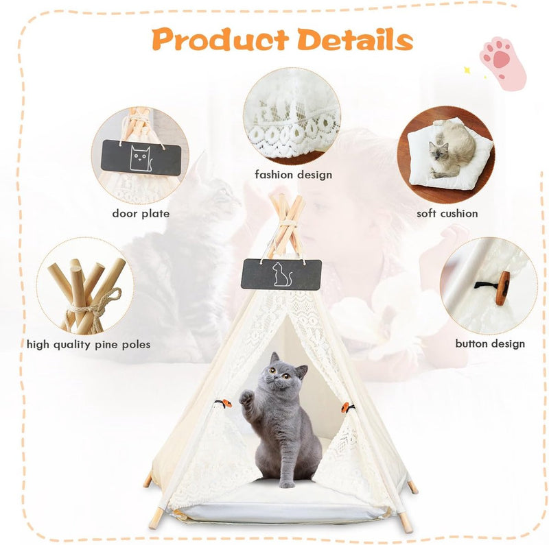 Tipi-tent Hond, Tipi-tent voor huisdieren Hondentent Kattentent Huisdierententen Huizen Huisdier-tipi met kussen Afneembaar en wasbaar Huisdierbed 50 x 50 x 60 cm