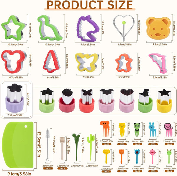 Koekjesvormers kinderset, 45-delige sandwichsnijders brood en groenten, roestvrijstalen broodsnijders met prikkers fruitvorkjes, comforthandgreep afneembaar, dinosaurus eenhoorn dino stervormen