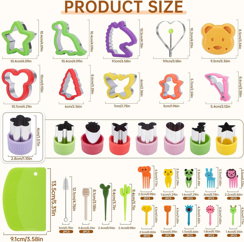 Koekjesvormers kinderset, 45-delige sandwichsnijders brood en groenten, roestvrijstalen broodsnijders met prikkers fruitvorkjes, comforthandgreep afneembaar, dinosaurus eenhoorn dino stervormen