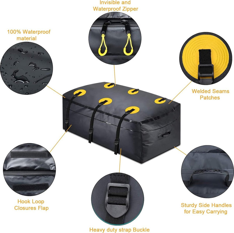 Dakkoffer, opvouwbare dakkoffer, 15 kubieke voet waterdichte auto-opbergdoos voor met of zonder bagagedrager, reis- en bagagevervoer, auto's, bestelwagens, SUV's, zwart