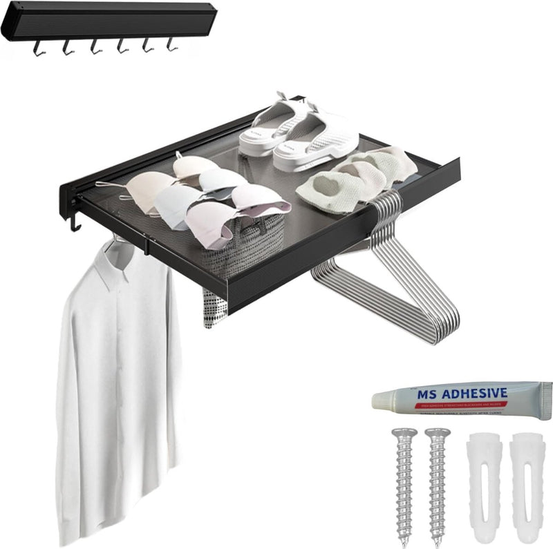 Wandgemonteerde waslijn, opvouwbare waslijn met intrekbaar droogrek voor terras, slaapkamer, keuken, compact aluminium. 44x4,7x2,2cm