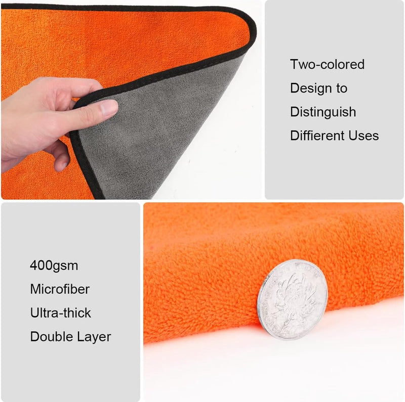 Microvezeldoeken voor de auto, 6 stuks, 400 g/m², multifunctionele pluisvrije handdoek, autoreinigingsdoek, microvezeldoek voor auto, huishouden, keuken, raam, oranje, grijs, 60 x 40 cm