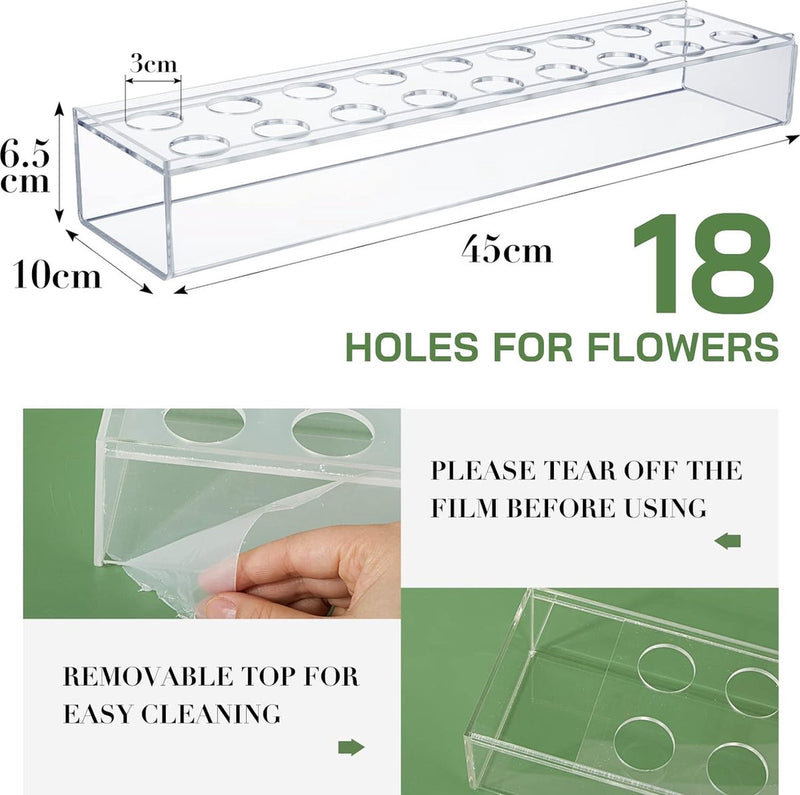 Transparante bloemenvaas, acryl, rechthoekig, met 18 gaten, modern, lange bloemenvaas, bloemstuk, decoratieve vaas, transparante kunstvaas, woondecoratie, tafeldecoratie, 45 x 10 x 6,5 cm