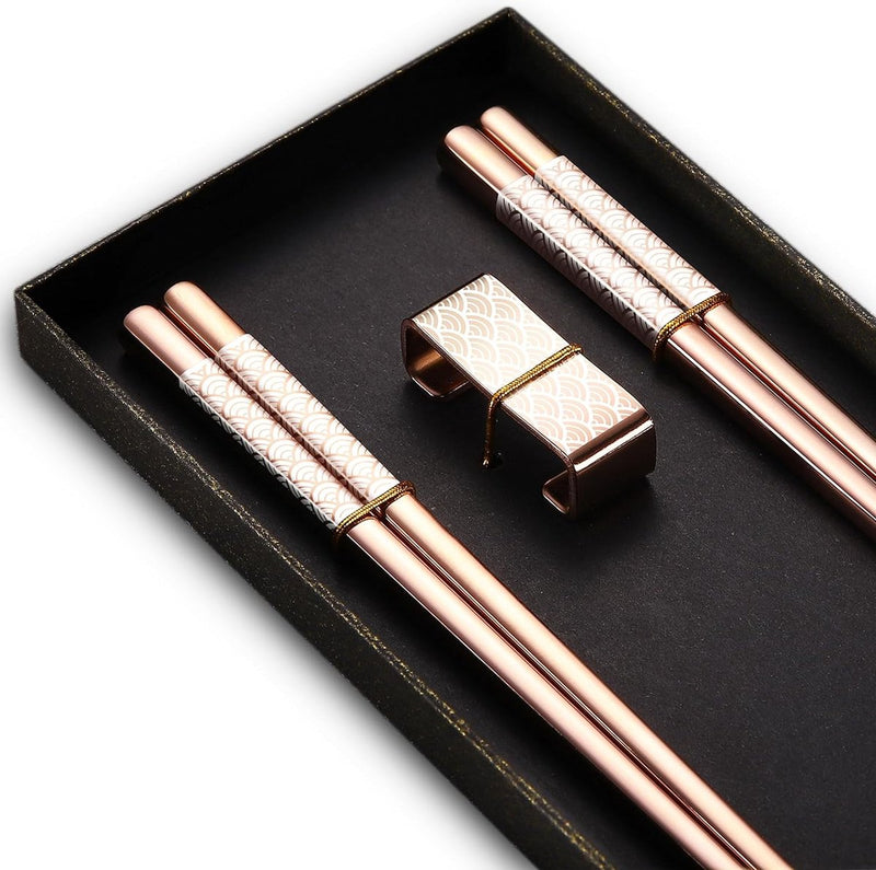 Metalen eetstokjes herbruikbaar 2 paar titanium roestvrijstalen eetstokjes met houder, vaatwasmachinebestendig, lichte eetstokjes in Japanse stijl, cadeauset (roségoud)