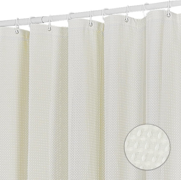 Douchegordijn, wasbaar, textiel, polyester, badgordijn met 12 douchegordijnringen, waterdicht, voor douche en bad, 183 x 183 cm, wafelpatroon, beige