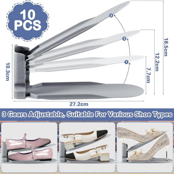 10 stuks verstelbare schoenenrekken, schoenenhouderset, 3 in hoogte verstelbaar, afneembaar, ruimtebesparend, antislip, kunststof (grijs)
