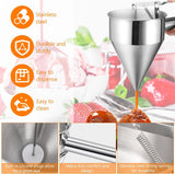 Pannenkoekendeegdispenser, 1,2 l, deegportioneerder, roestvrij staal, met deksel, roestvrijstalen trechter met standaard en 4 trechtermondingen, deeg-keukentrechter voor cake, pannenkoeken,