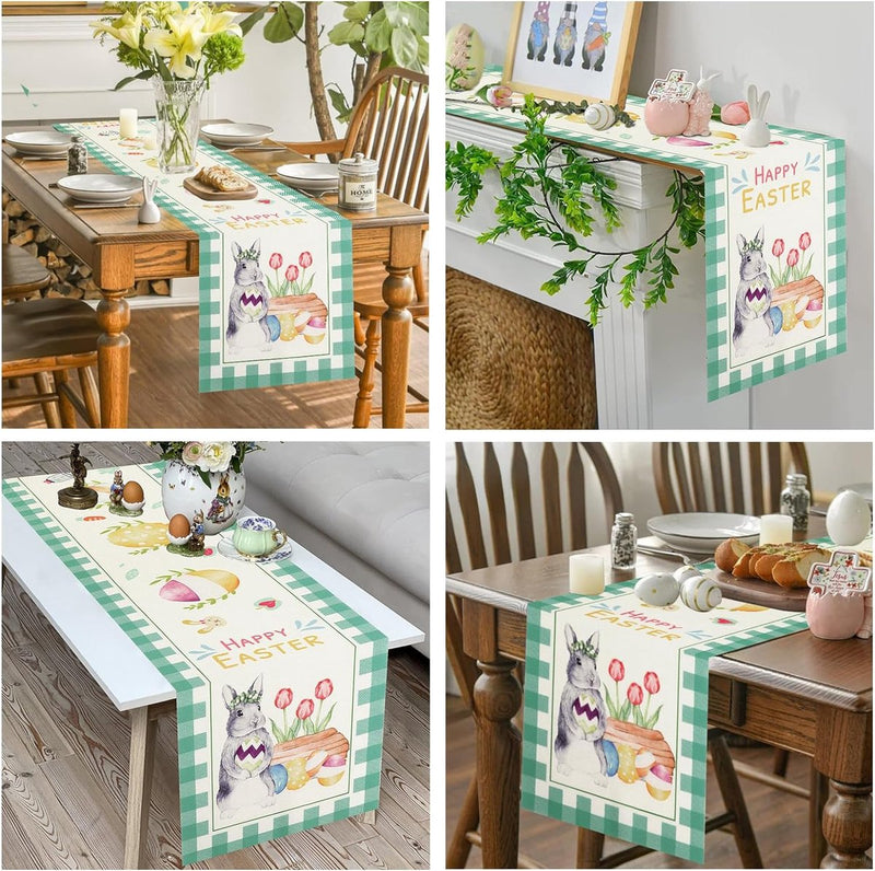 Tafelloper voor Pasen, paaseieren, konijnen, wortel, hazen, bloemen, paaseieren met haas, paasei-patroon, voor lente, paasfeest, tafeldecoratie voor binnen en buiten, eettafel, 183 x 33 cm