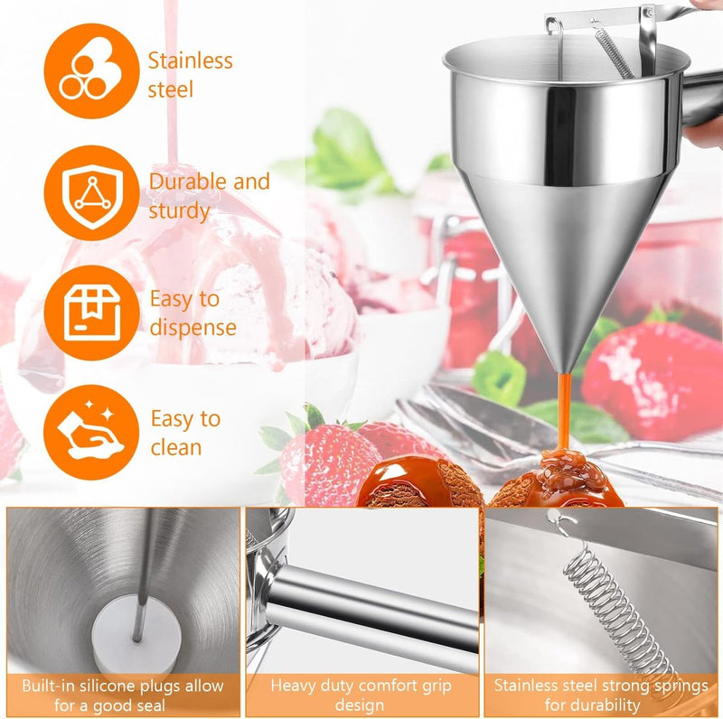 Pannenkoekendeegdispenser, 1,2 l, deegportioneerder, roestvrij staal, met deksel, roestvrijstalen trechter met standaard en 4 trechtermondingen, deeg-keukentrechter voor cake, pannenkoeken,