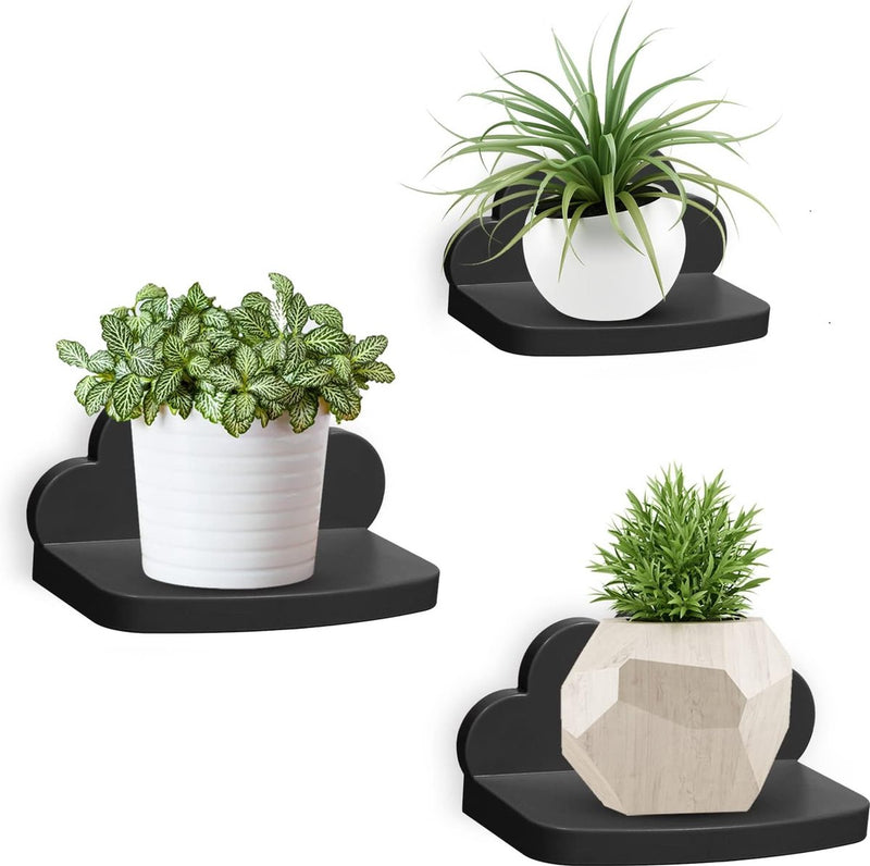 Wandrek, zwevend rek, 3-delige set, creatief voor slaapkamer, woonkamer, keuken en hal, wolken, wandplank, klein formaat, wolken, klein formaat, zwart