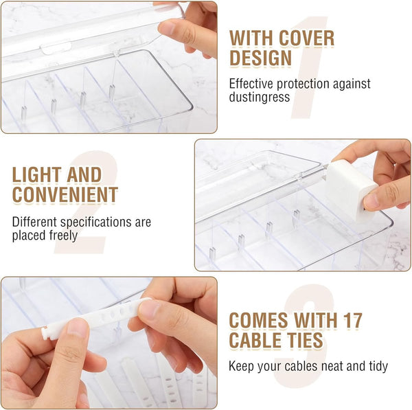2 stuks kabelopbergdoos, transparante kabelorganizerbox met 8 verwijderbare vakken en 14 kabelbinders, kabelmanagementbox voor bureauopslag, kantoor met labelpapier