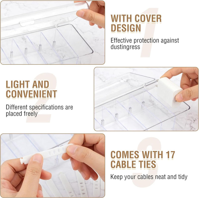 2 stuks kabelopbergdoos, transparante kabelorganizerbox met 8 verwijderbare vakken en 14 kabelbinders, kabelmanagementbox voor bureauopslag, kantoor met labelpapier