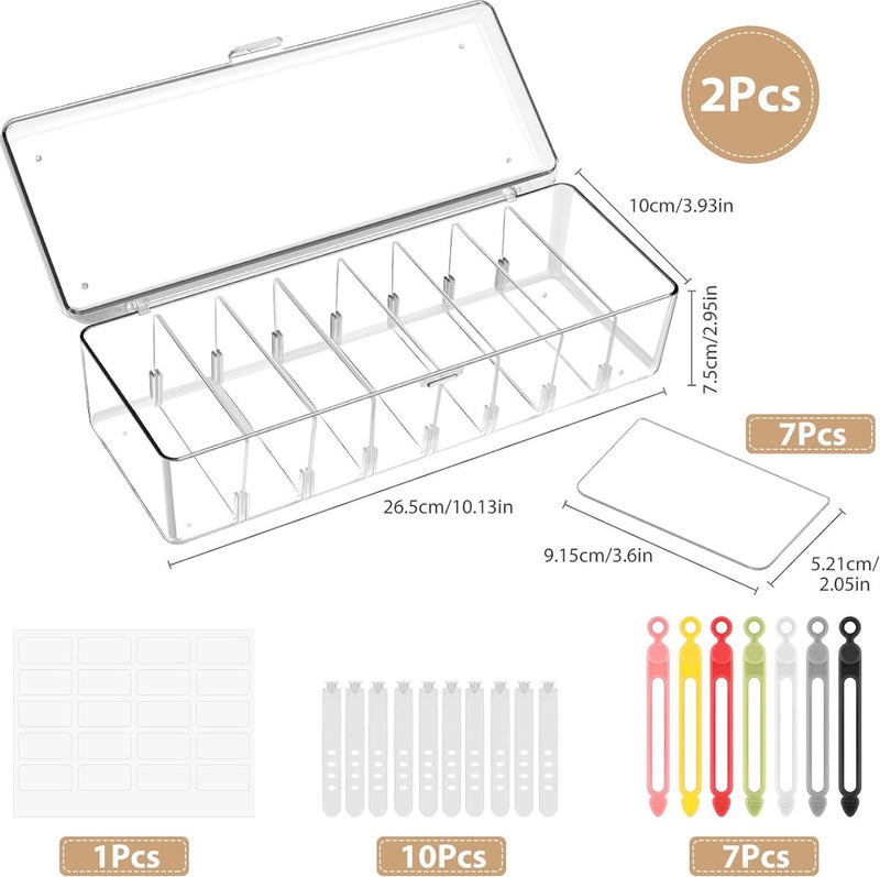 2 stuks kabelopbergdoos, transparante kabelorganizerbox met 8 verwijderbare vakken en 14 kabelbinders, kabelmanagementbox voor bureauopslag, kantoor met labelpapier