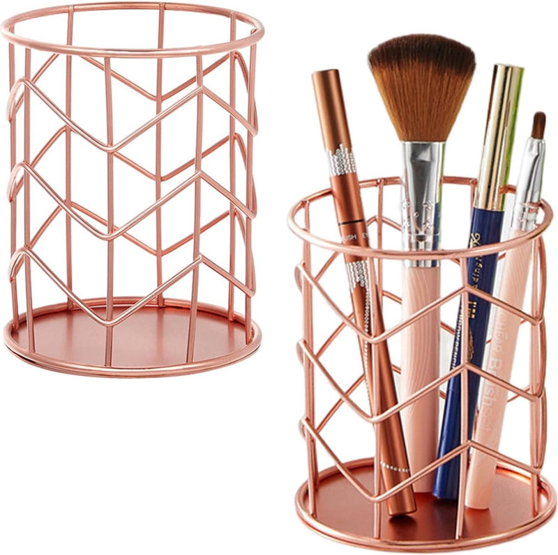 Set van 2 roségouden pennenhouder Mode opengewerkte ijzeren kunst schrijfinstrumentenhouder Make-upborstelhouder Make-upborstelhouder Potloodhouder Metalen pennenhouder Bureau (roze)