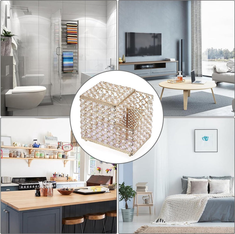 Household Cube Vierkante Tissuehouder Box met Multifunctionele Organizer Zijvak voor Afstandsbediening Vanity Make-up Cosmetics Pen Pencil (Goud)