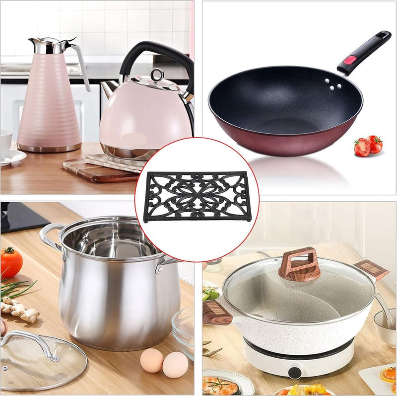 Gietijzeren potmat met vlinderpatroon, vintage roestvrij hittebestendig onderzetter met rubberen voetjes voor eettafel keuken hotpotbasis, kom zwart (25,5 x 15,8 x 1,6 cm)